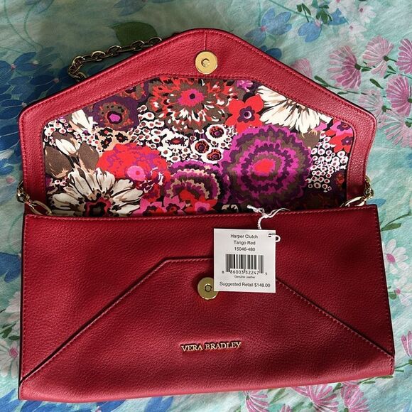 Vera Bradley Harper Leather Envelope Shoulder ClutchTango Red - Picture 3 of 12